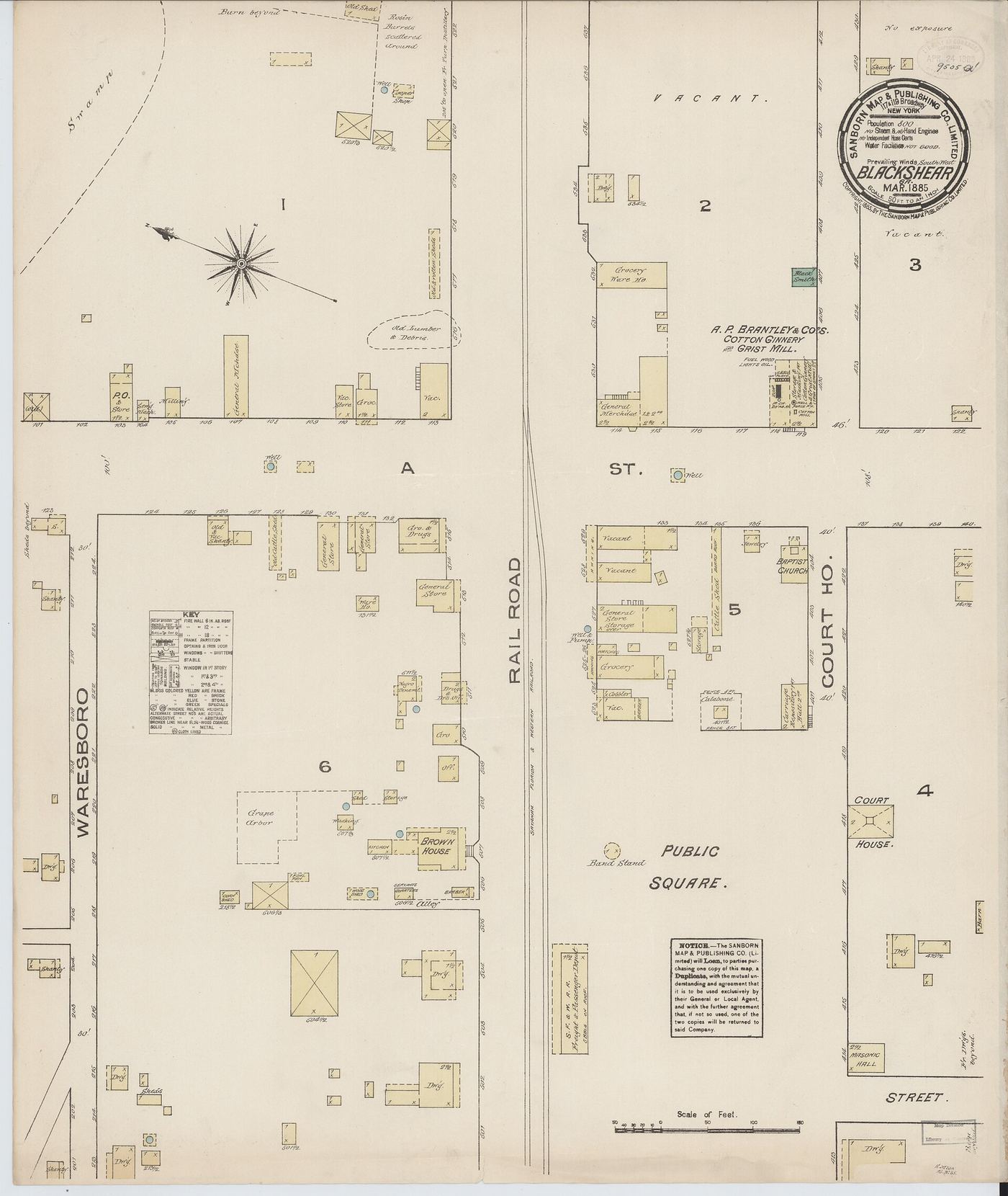 Sanborn fire insurance map of Blackshear from 1885 showing the public square, the courthouse block and the railroad